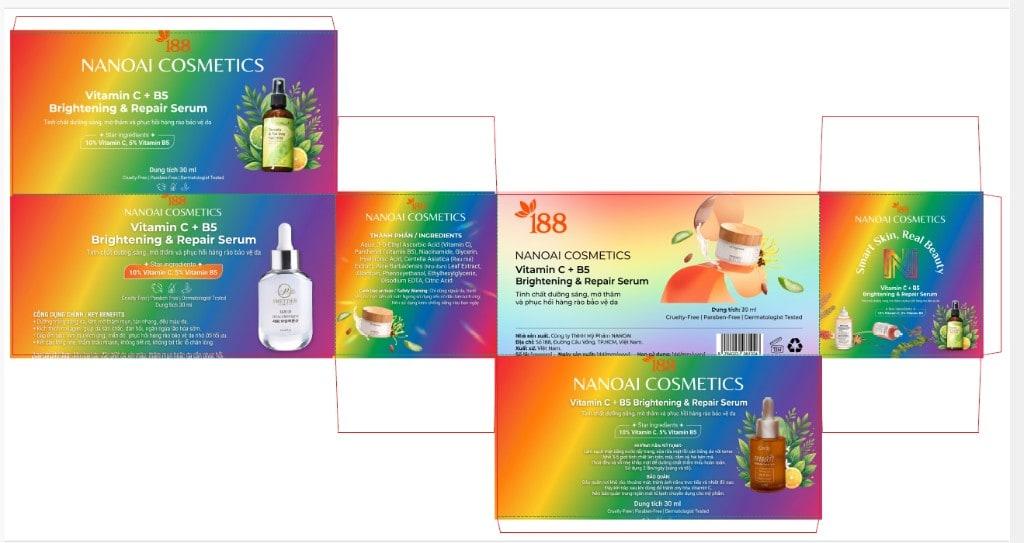 Dieline hộp giấy serum Vitamin C + B5: 6 mặt in, tai dán, thành phần, công dụng và mã vạch