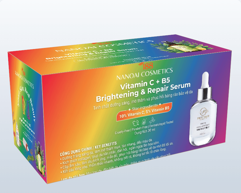 Mockup hộp giấy 3D serum Vitamin C + B5 NanoAI Cosmetics — thiết kế bao bì AI